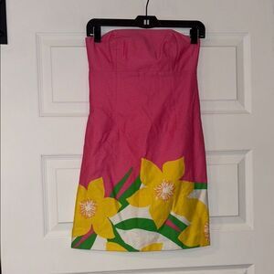 Lilly Pulitzer Franco Pink Daffodil Strapless Cut Out Tie Back Dress